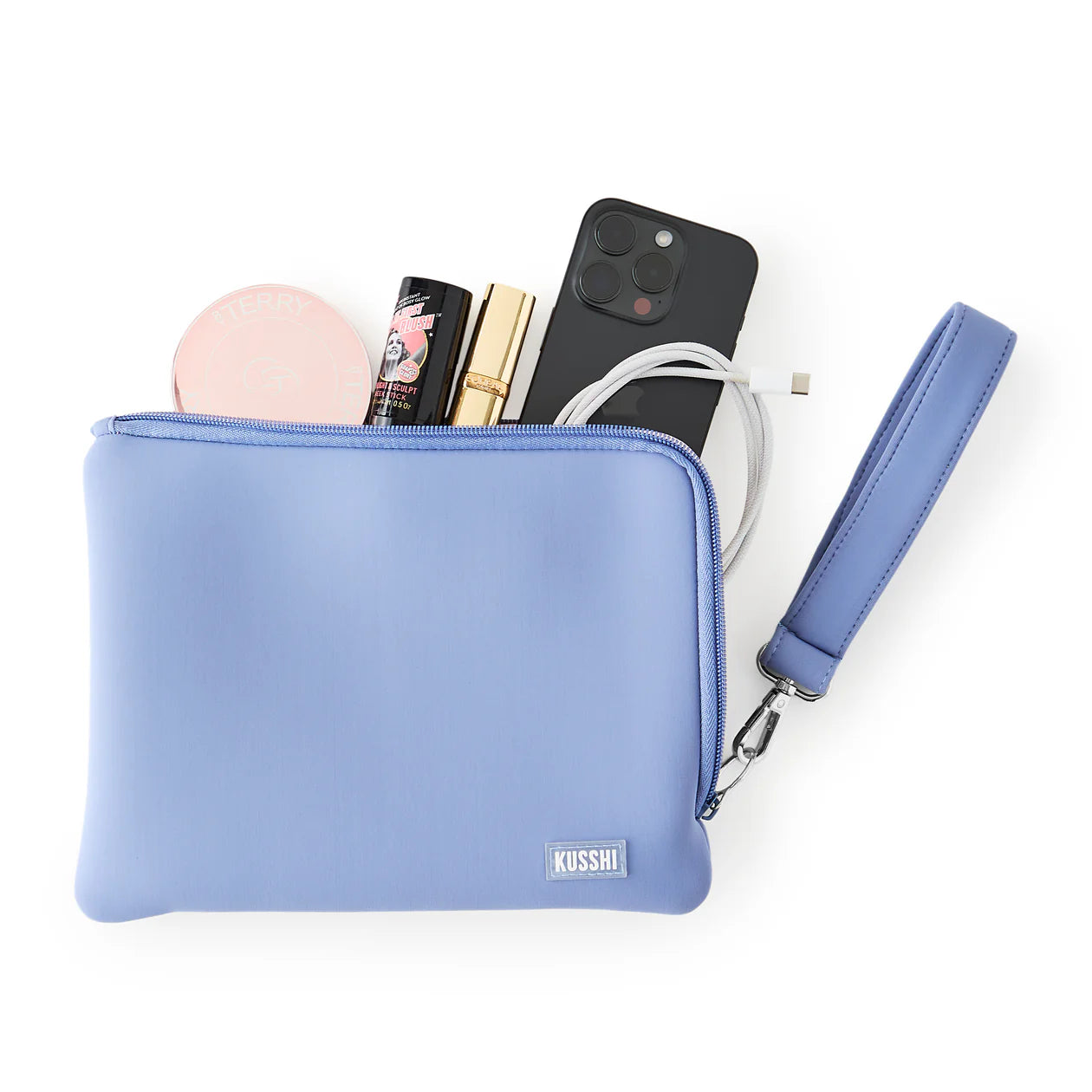 Neoprene Wristlet Pouch Pearl Blue with Pink Interior