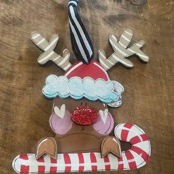 Reindeer W/ Candy Cane Christmas Ornament - Personalizable