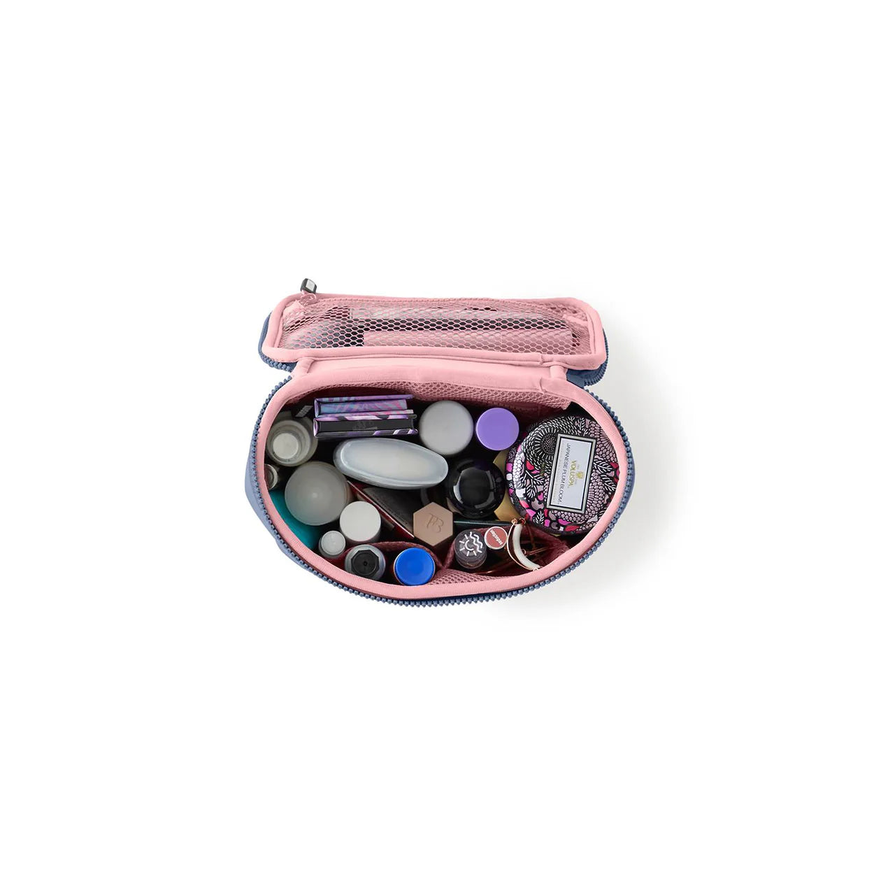 Neoprene Small Train Case Makeup Bag Blue w/ Pink Interior