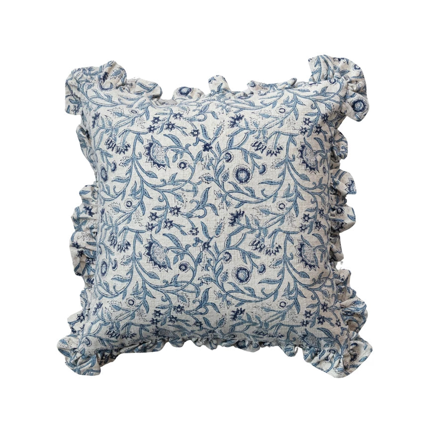 18” Square Cotton Blue Floral Printed Pillow