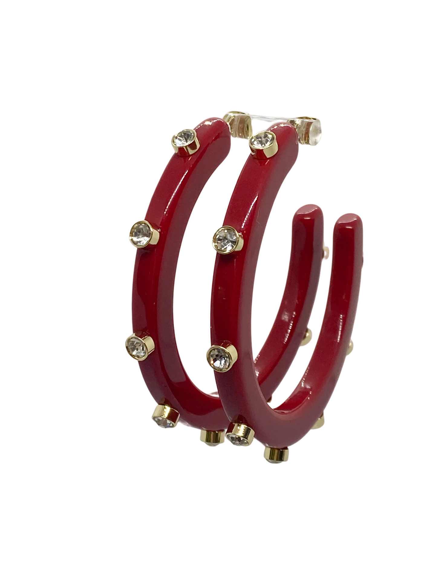 BeJeweled 1-1/4" Hoops- MAROON with CLEAR RHINESTONES