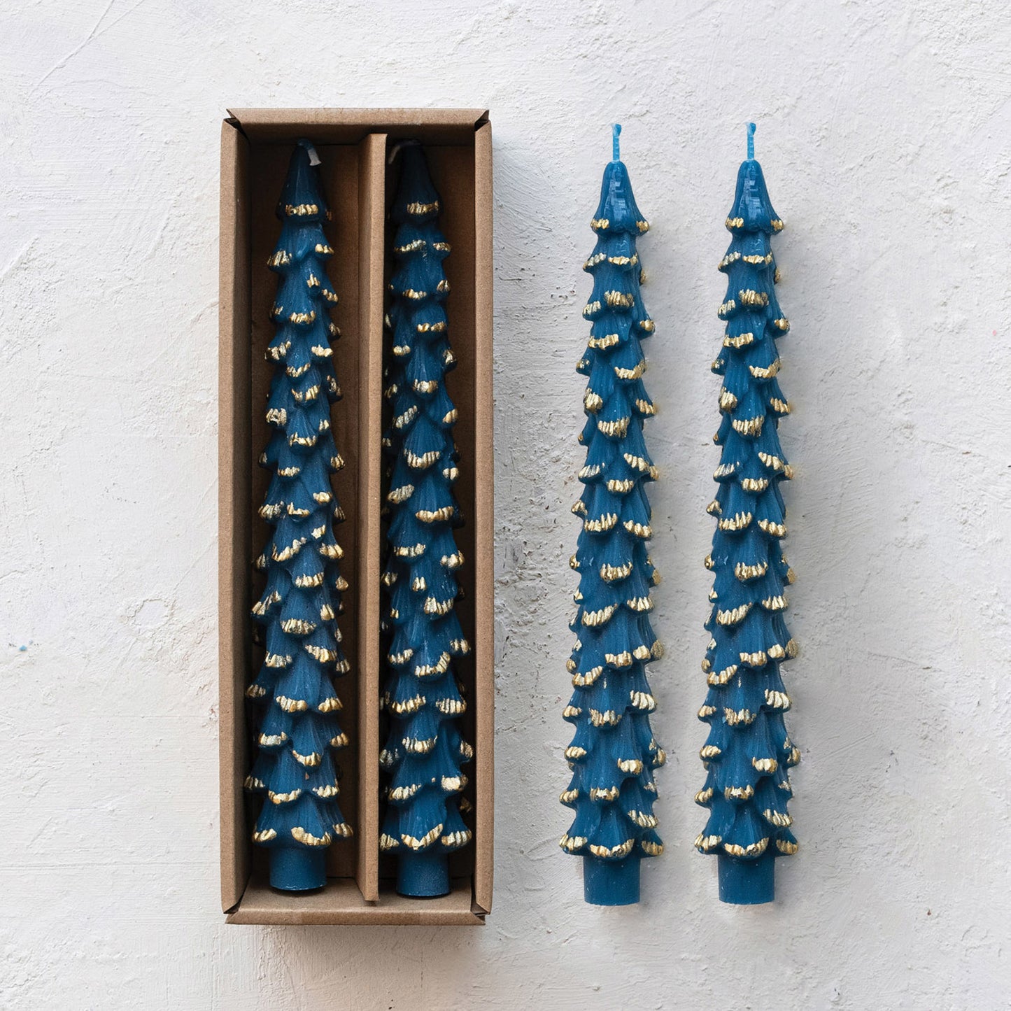 Blue w/ Gold Tree Shaped Taper Candle, Tall 10”