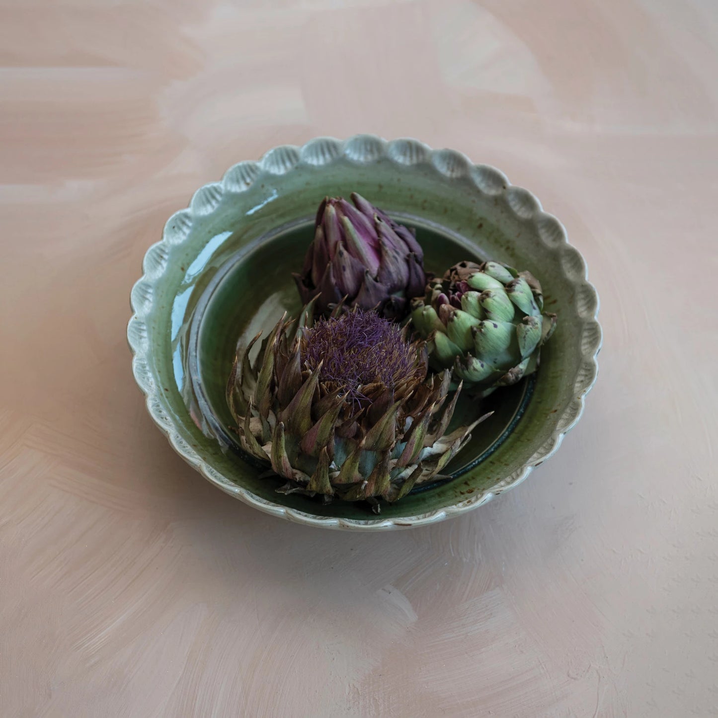 Green Stoneware Bowl w/ Scalloped Edge