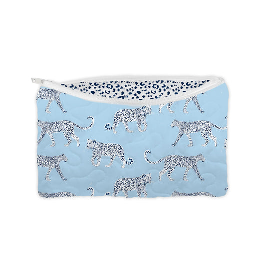 Leilani Leopard Blue Quilted Small Makeup Bag