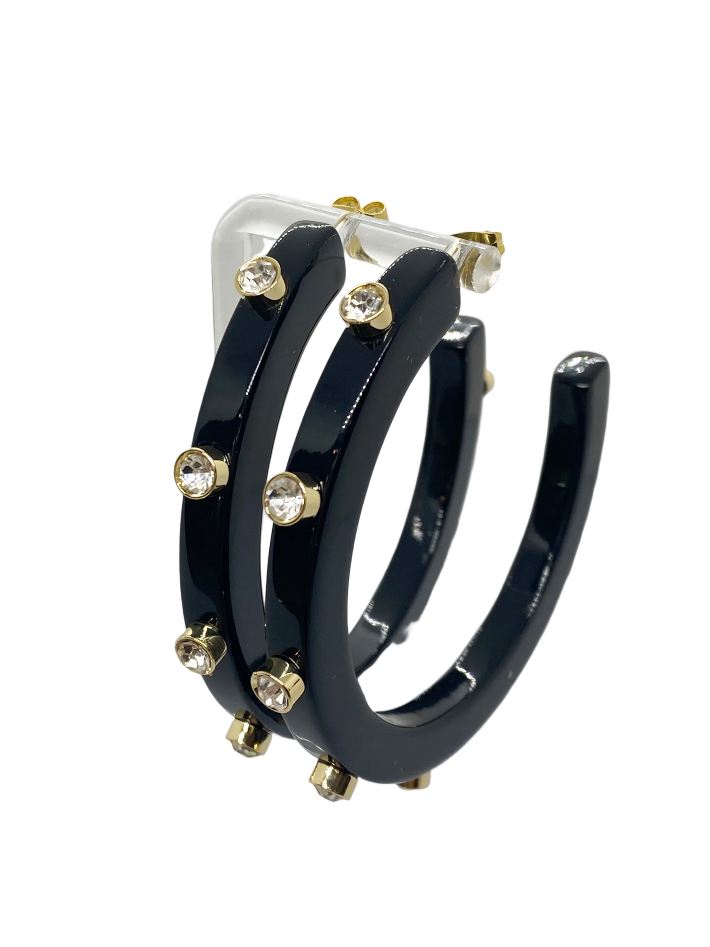 BeJeweled 1-1/4" Hoops- BLACK with CLEAR RHINESTONES