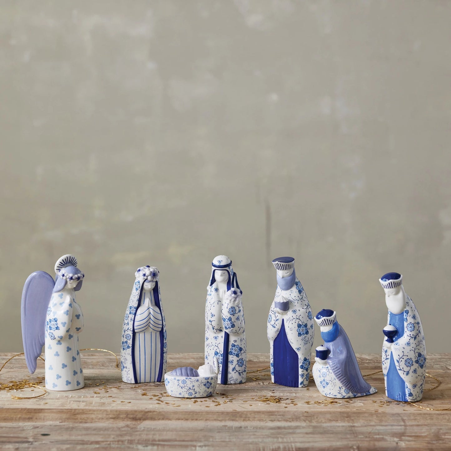 Blue/White Ceramic Nativity with Floral Pattern, Set of 7