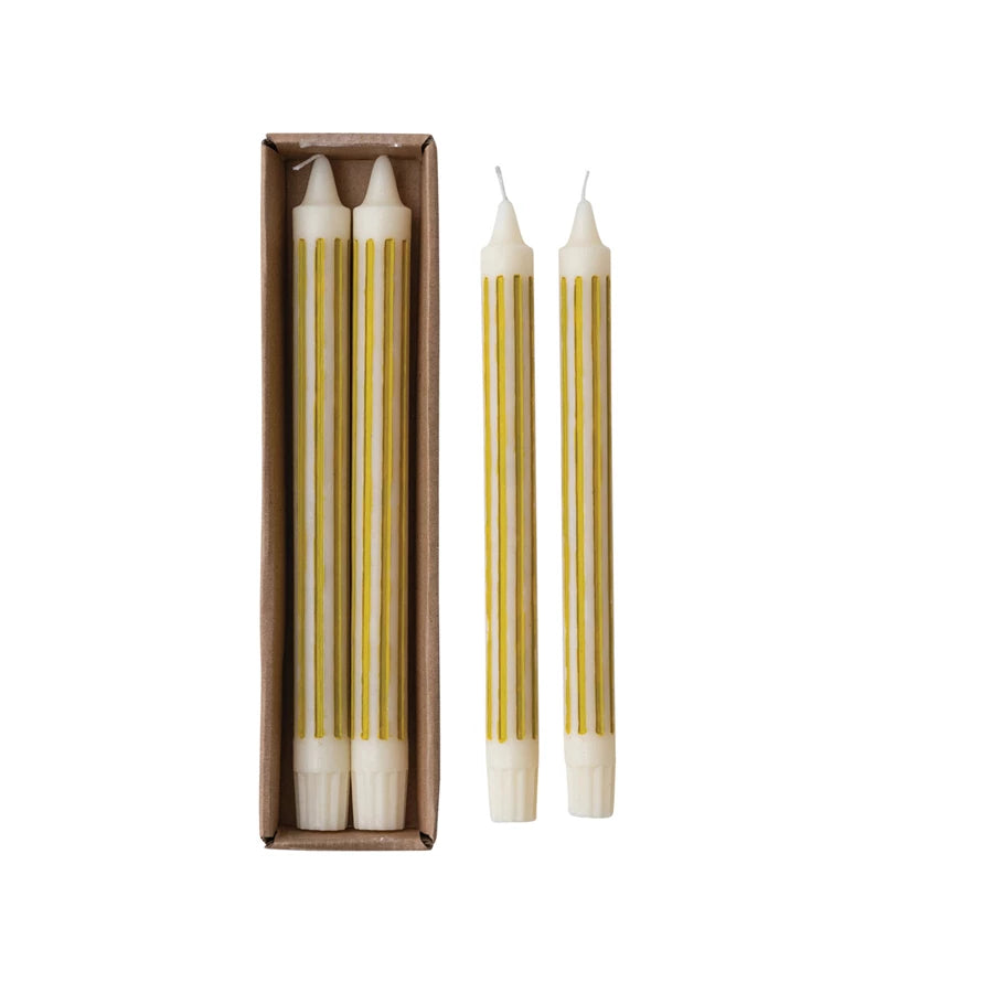 Unscented Striped Taper Candles in Box, Chartreuse, Set of 2