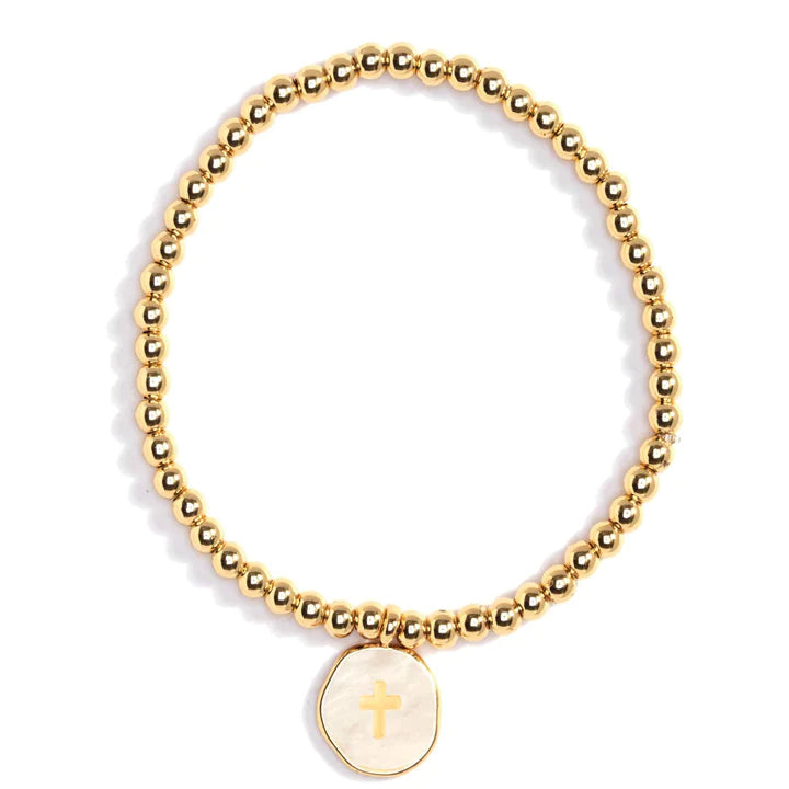 Cross Shell Charm Bracelet, 4mm Gold Bead