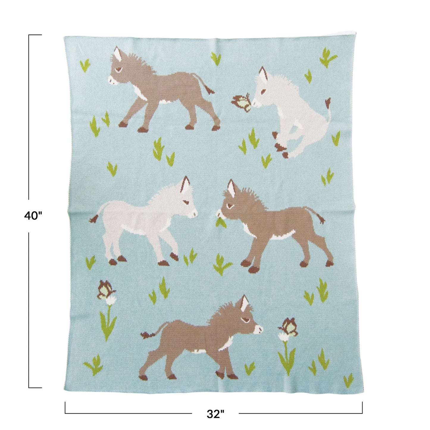 Cotton Knit Baby Blanket w/ Donkeys & Flowers