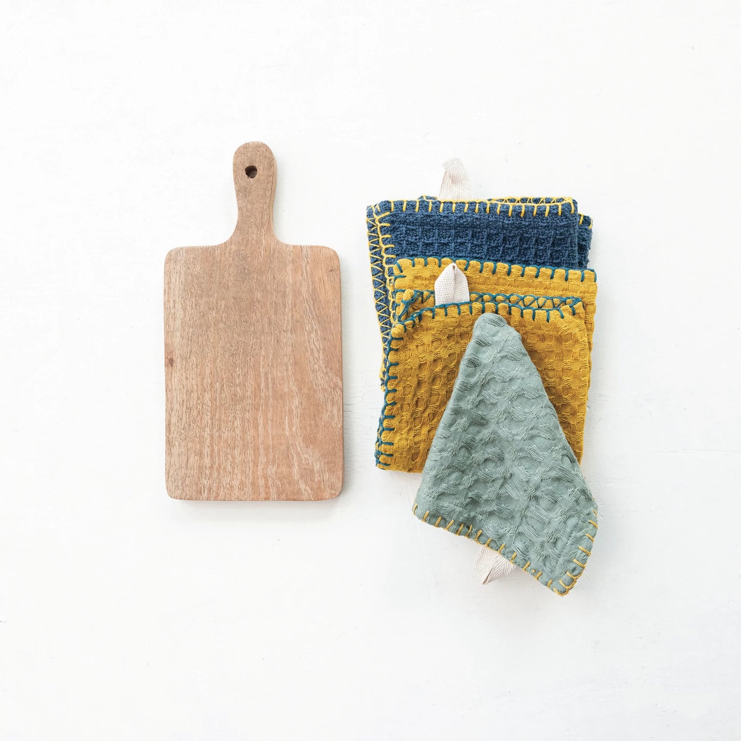 Cotton Waffle Weave Dish Cloths w/ Cheese/Cutting Board, Set of 4
