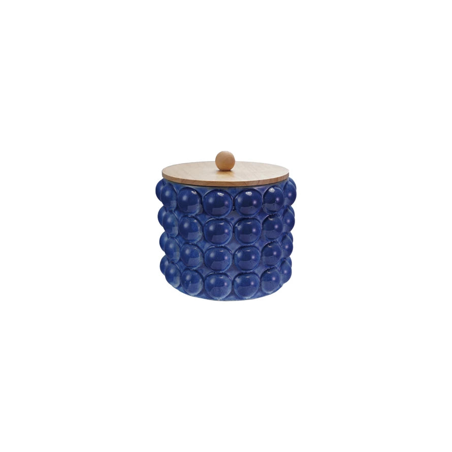 Stoneware Canister with Raised Dots & Wood Lid, Blue, LARGE/ SHORT