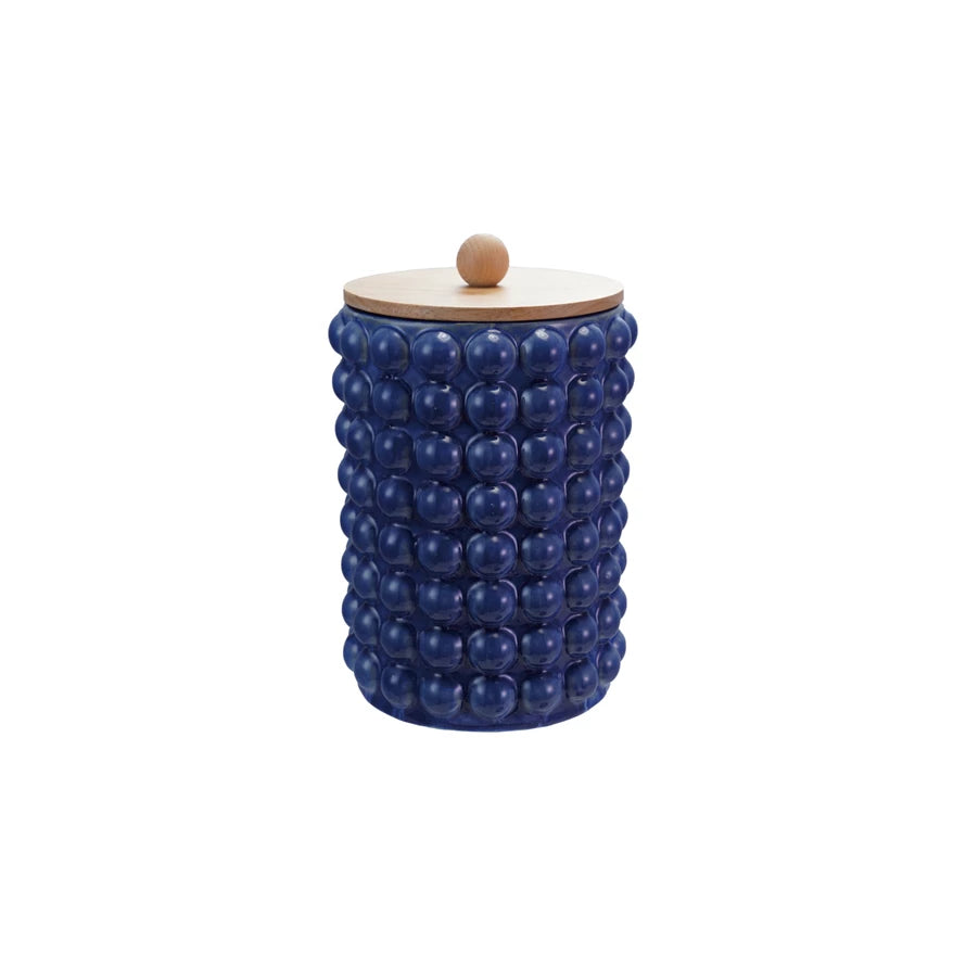 Stoneware Canister with Raised Dots & Wood Lid, Blue, LARGE/ TALL