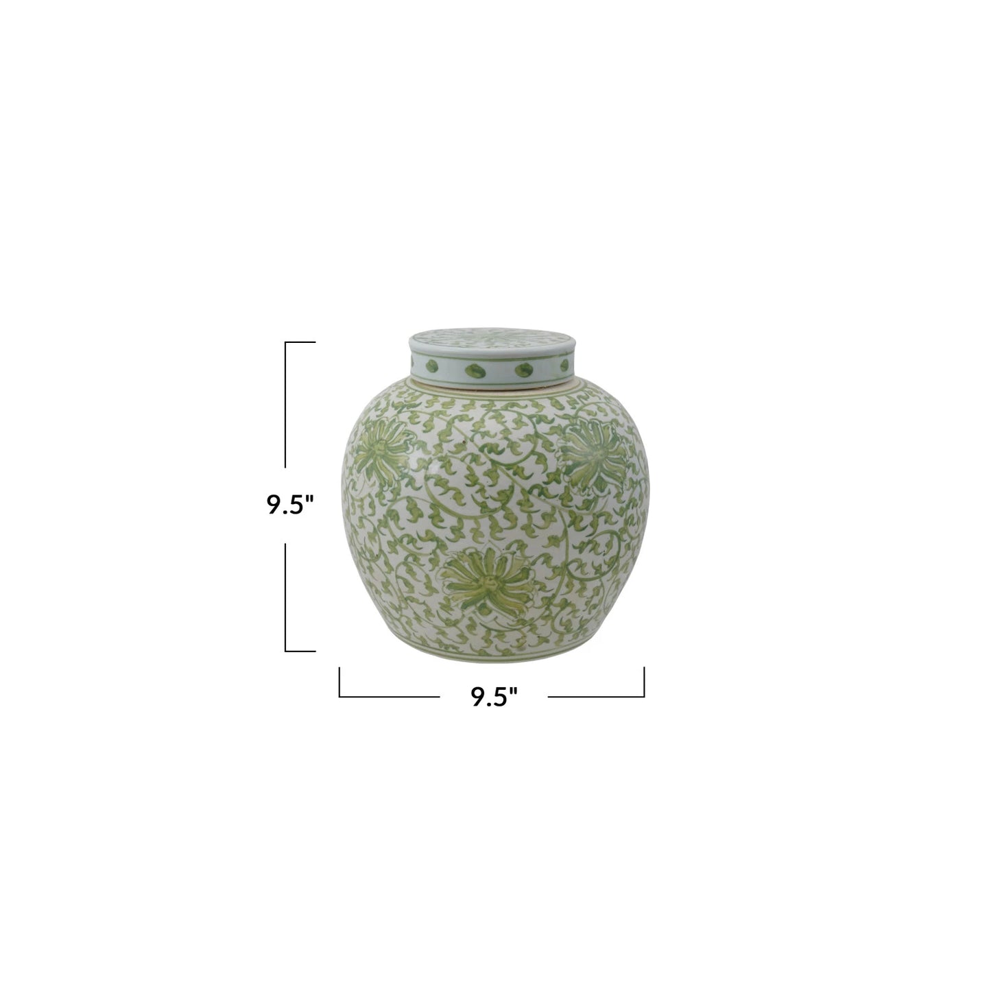 Decorative Hand-Painted Stoneware Ginger Jar w/ Floral Pattern, Green & White