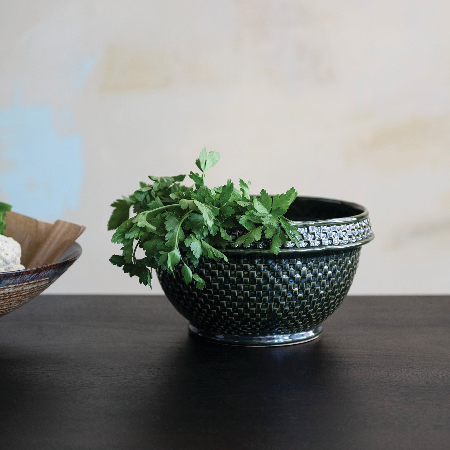 Green Stoneware Basket Weave Bowl
