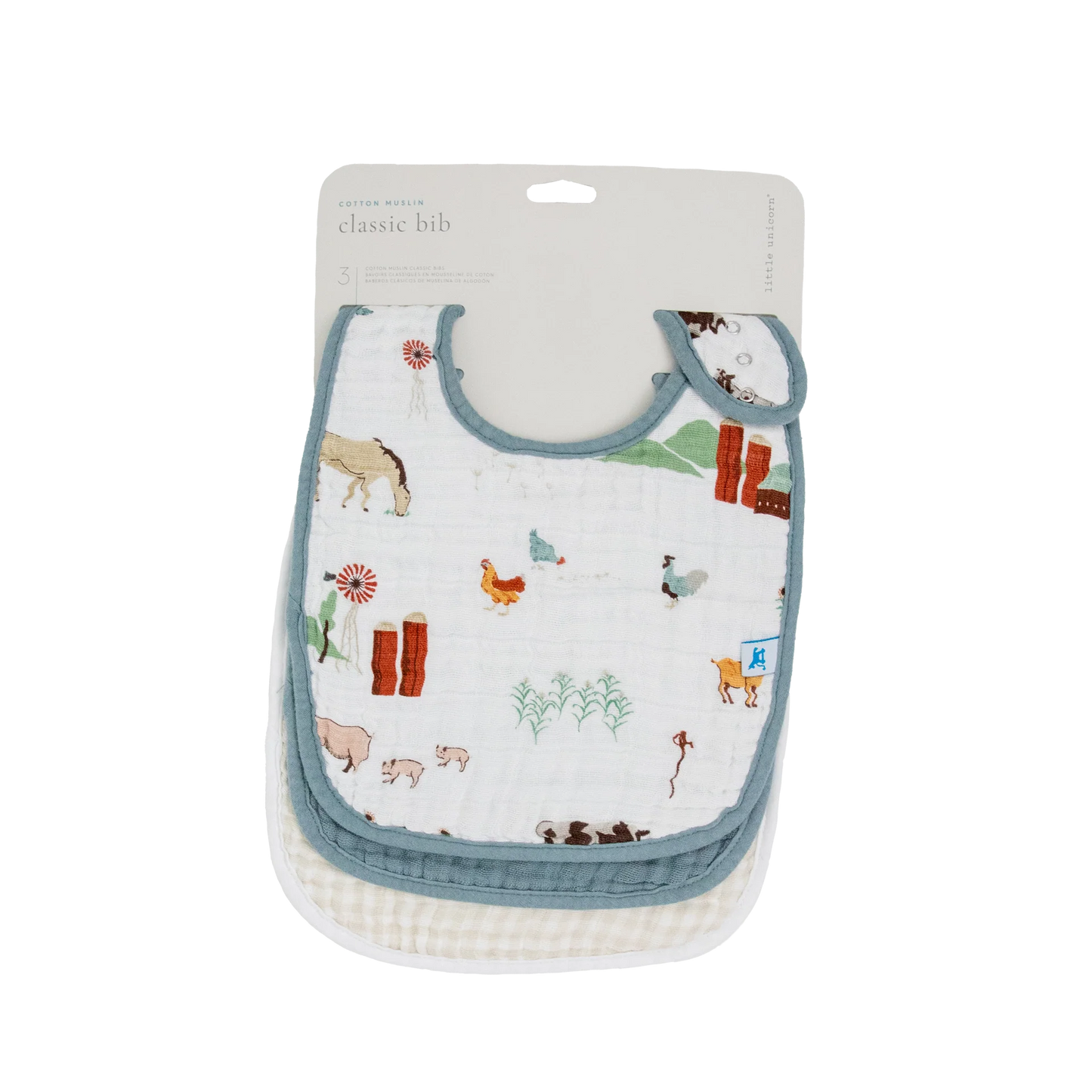 Cotton Muslin Classic 3 Pack Bib - Farmyard