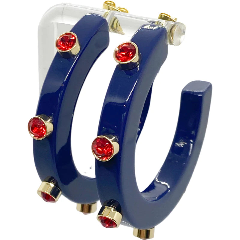 BeJeweled 1-1/4" Hoops- NAVY with RED RHINESTONES