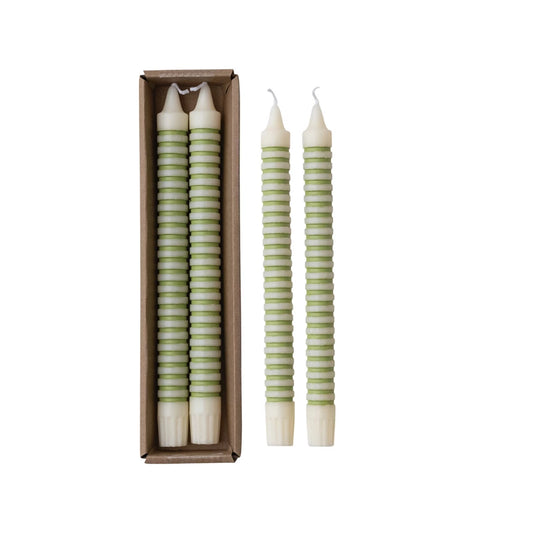 Unscented Striped Taper Candles in Box, Sage, Set of 2