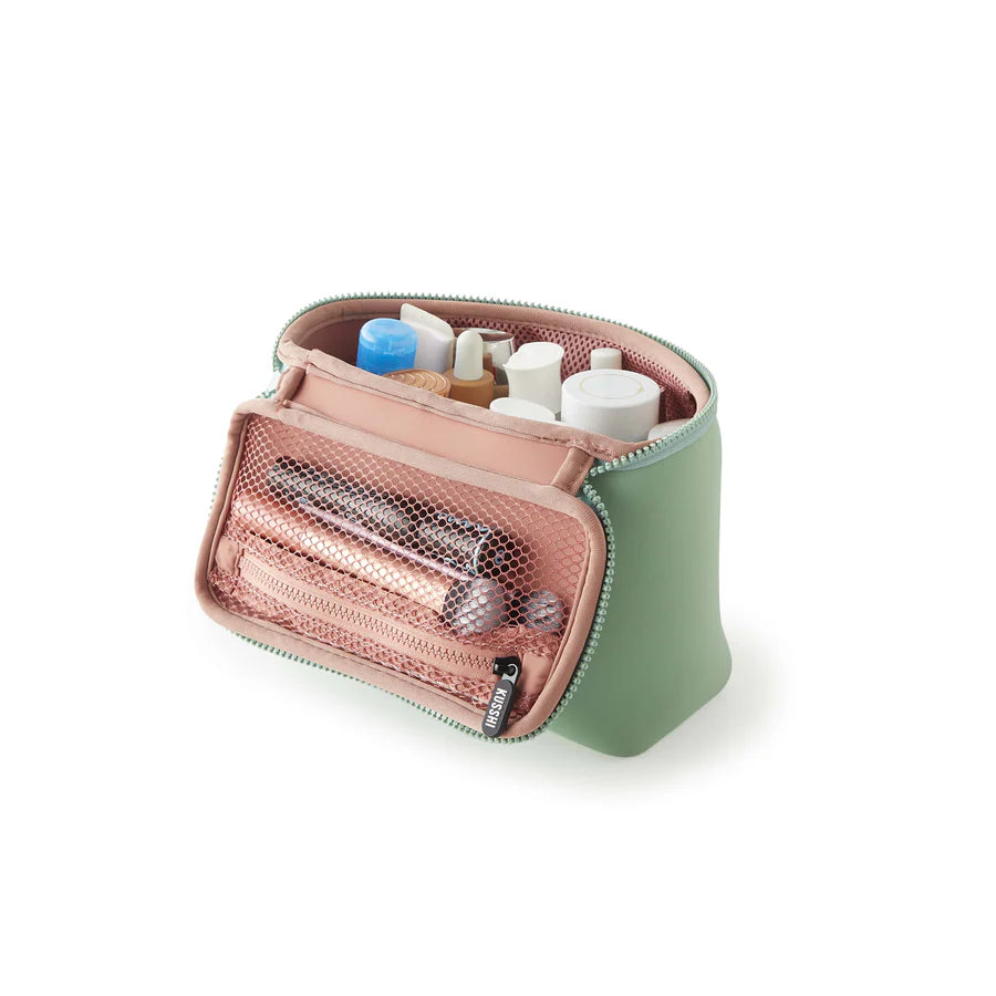 Neoprene Small Train Case Makeup Bag Sage w/ Rose Interior