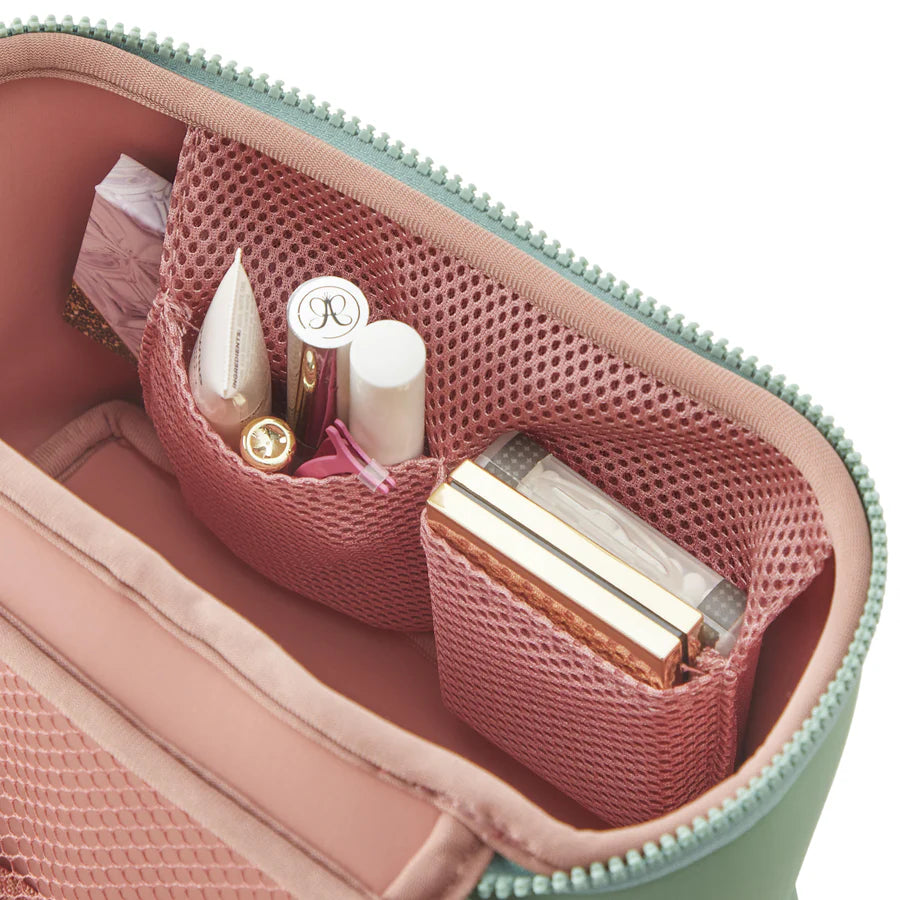 Neoprene Small Train Case Makeup Bag Sage w/ Rose Interior