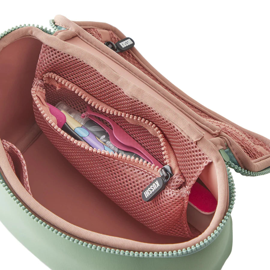 Neoprene Small Train Case Makeup Bag Sage w/ Rose Interior