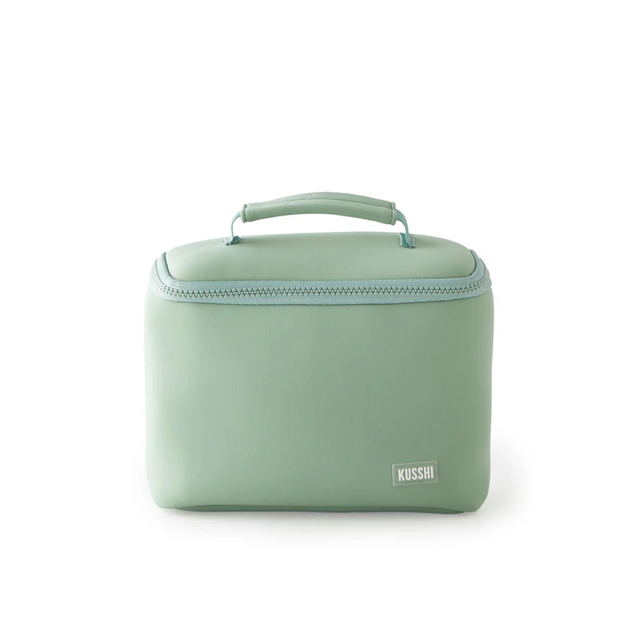 Neoprene Small Train Case Makeup Bag Sage w/ Rose Interior