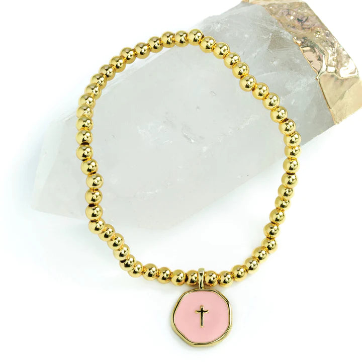Tiny Cross on Rose Enamel Gold Bracelet
