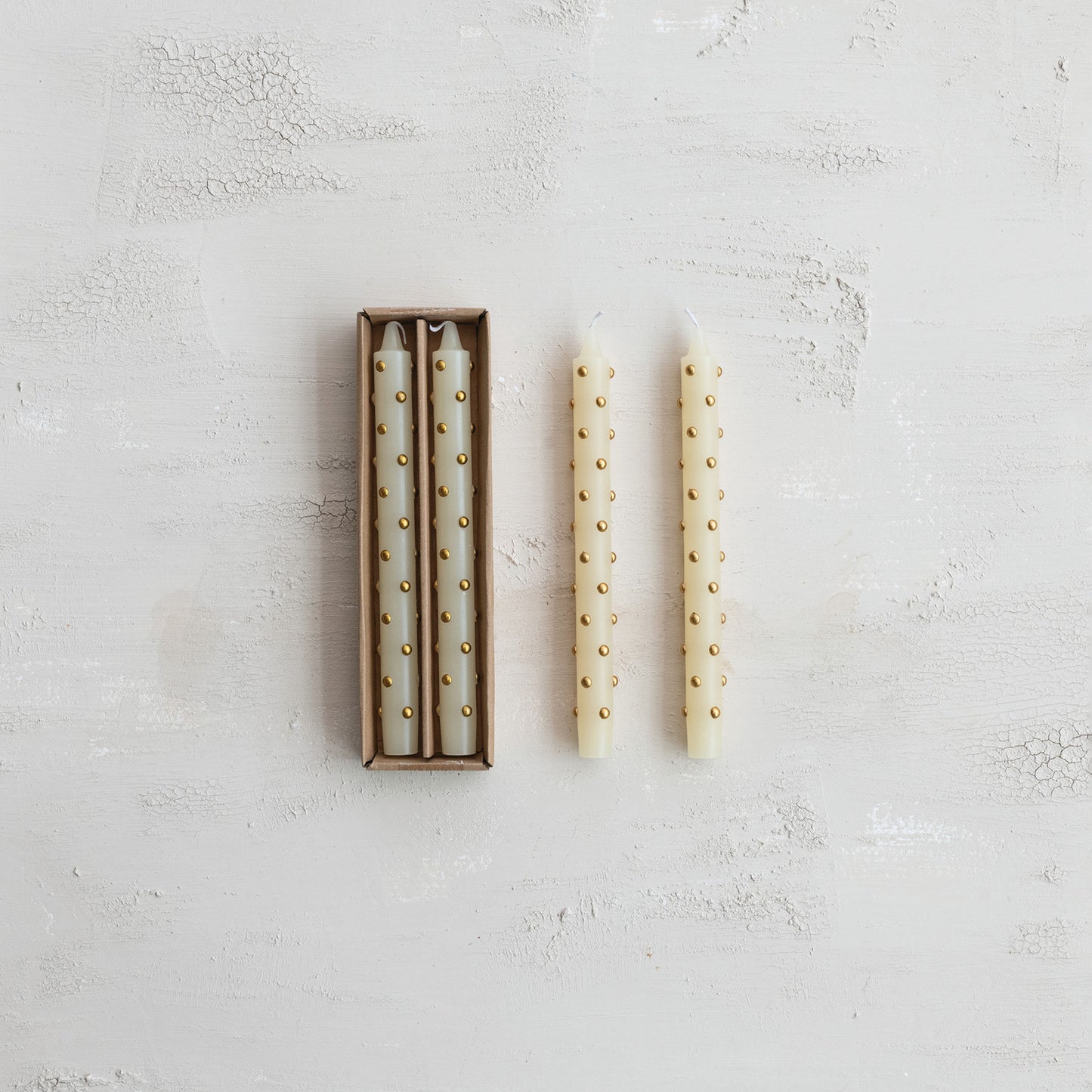 Ivory w/ Gold 3D Dot Taper Candle, Tall 10"