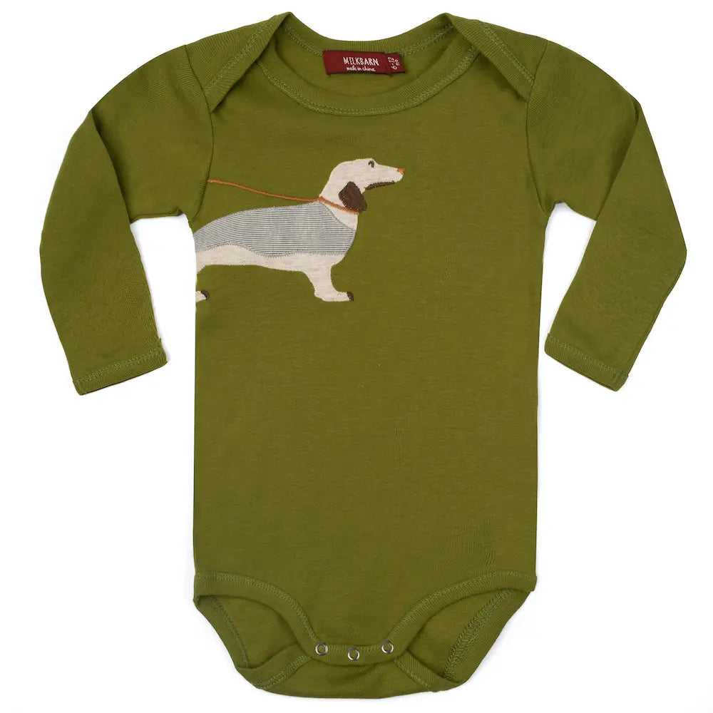Organic LS Applique One Piece Green Dog