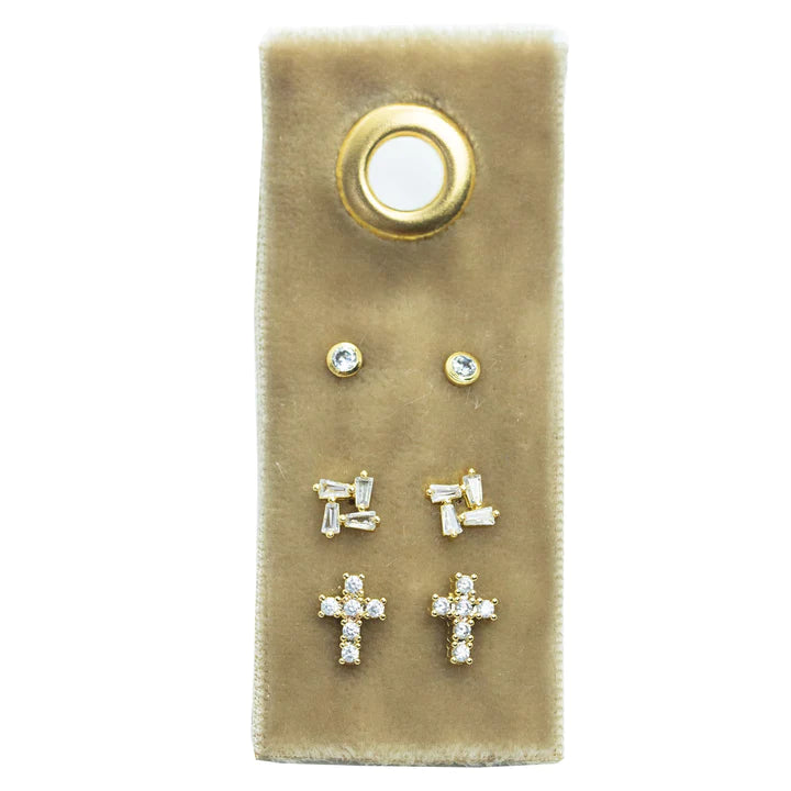 Velvet Gift Set CZ Stud Earrings - Cross