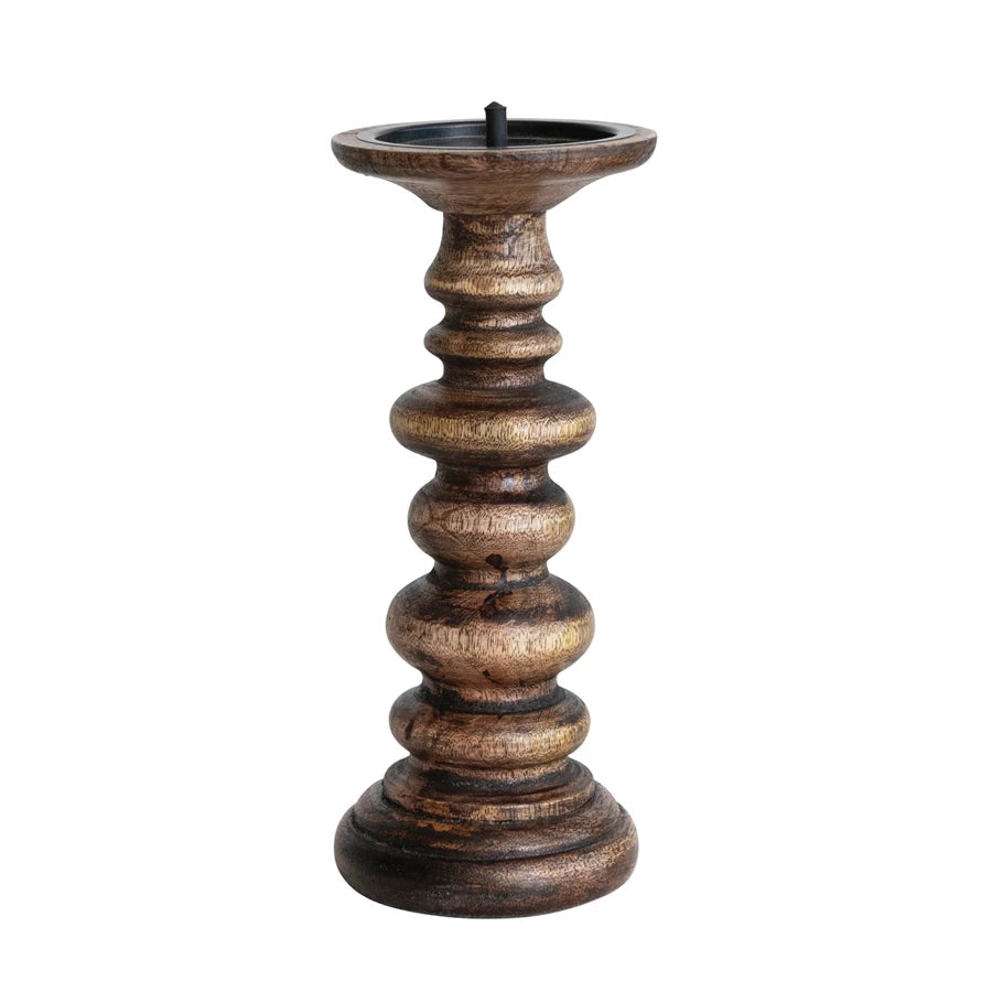4" Round x 9 1/4" Hand Carved Mango Wood Pillar Holder