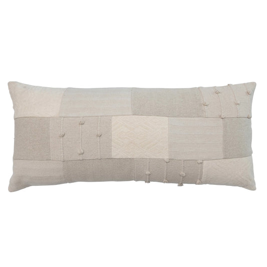 36" x 16" Cotton Patchwork Lumbar Pillow w/ Chambray Back, Natural