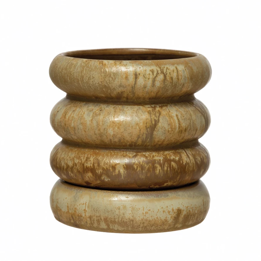 5" Round x 5" H Stoneware Planter w/ Saucer, Butterscotch Color