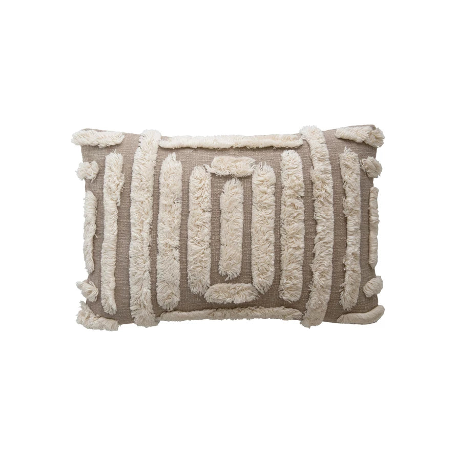 24"L x 16"H Woven Cotton Lumbar Pillow w/ Tufted Design, Tan & Cream