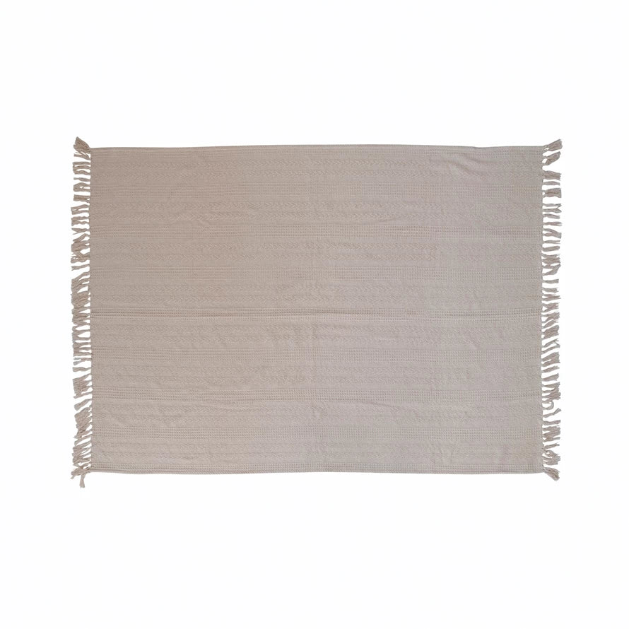 60" x 50" Woven Recycled Cotton Throw Fringe, Cream