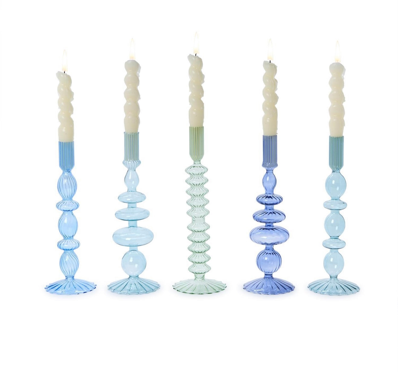 Shades of Blue Hand Blown Glass Taper Holders, Assorted