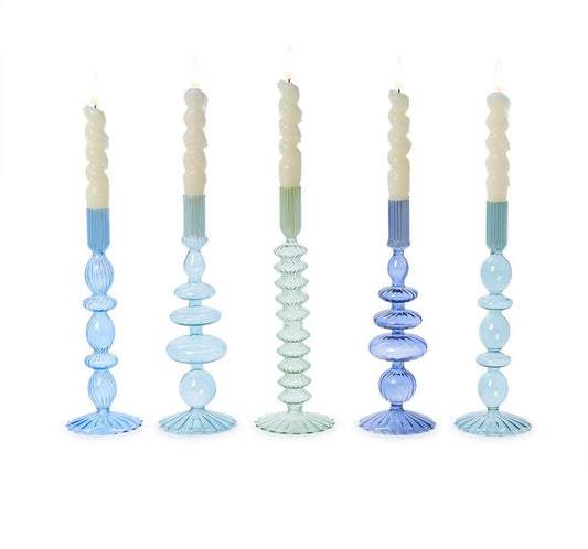 Shades of Blue Hand Blown Glass Taper Holders, Assorted