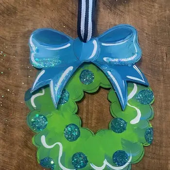 Wreath W/ Blue Bow Hand Painted Christmas Ornament - Personalizable