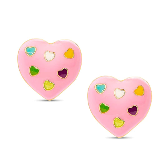 Puffed Heart Stud Earrings- Pink