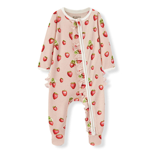 Milkbarn Organic Cotton Ruffled Footed Romper Strawberry