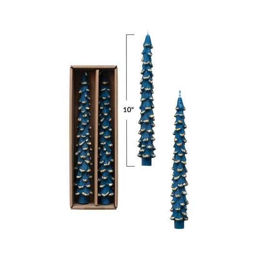 Blue w/ Gold Tree Shaped Taper Candle, Tall 10”