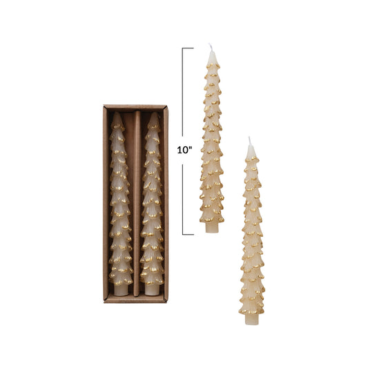 Cream w/ Gold Tree Shaped Taper Candle, Tall 10”
