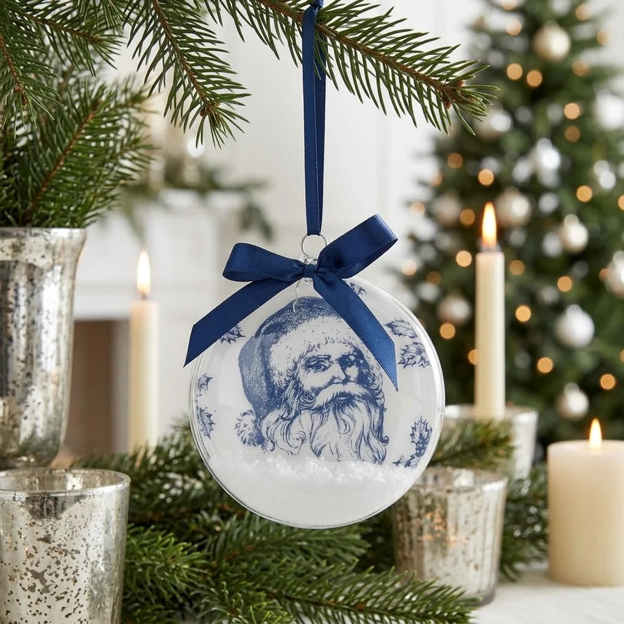 Blue & White Snow Filled Santa Ornament