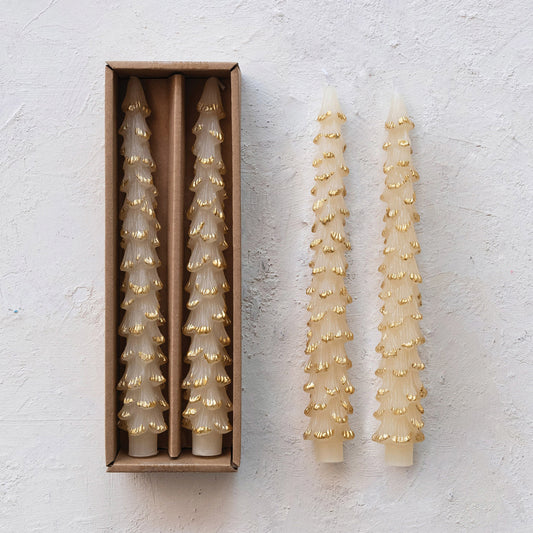 Cream w/ Gold Tree Shaped Taper Candle, Tall 10”