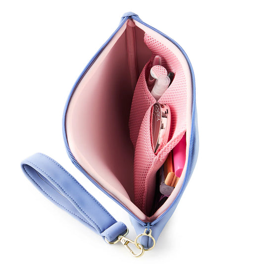 Neoprene Wristlet Pouch Pearl Blue with Pink Interior