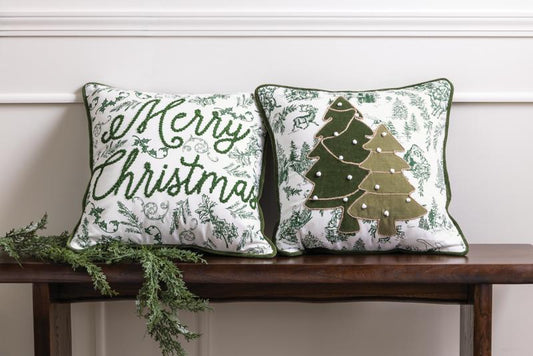 Merry Christmas Green Toile Pillow