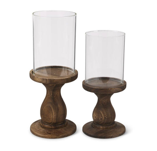 Glass Cylinder w/ Wood Pedestal Candleholder