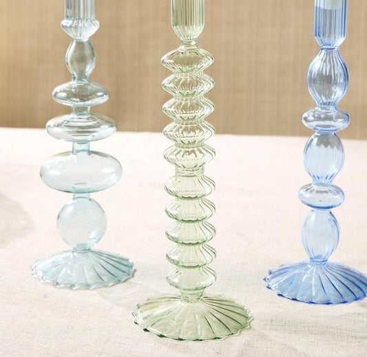 Shades of Blue Hand Blown Glass Taper Holders, Assorted