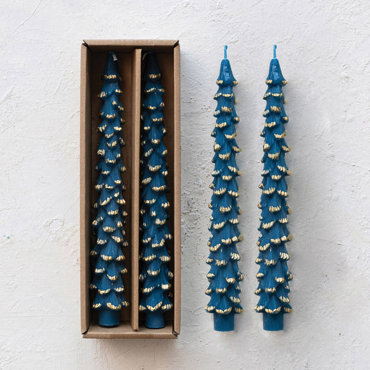 Blue w/ Gold Tree Shaped Taper Candle, Tall 10”