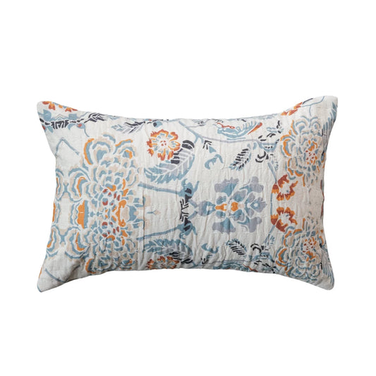 Cotton Floral Printed Lumbar Pillow, Multi Color