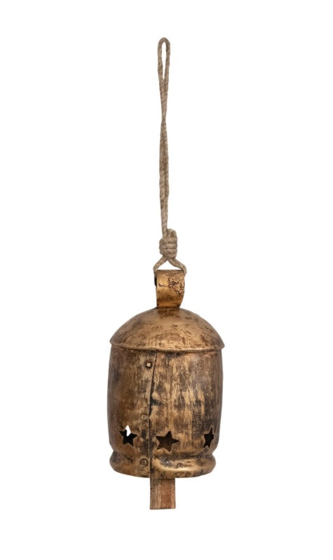 Medium Distressed Metal Bell on Jute Rope w/ Star Cut Outs
